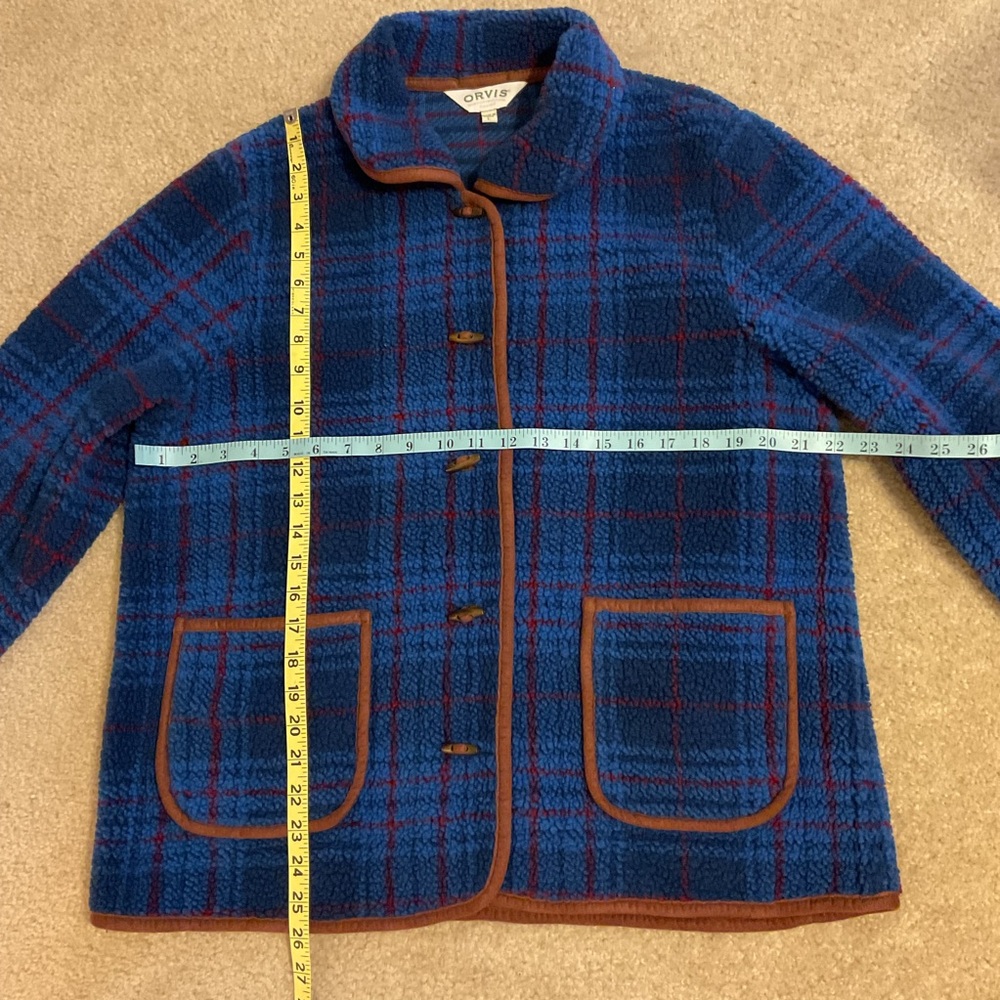 Orvis Blue Burgundy Plaid & Brown Trim Toggle 5 Button Down Fleece Jacket Blazer - Picture 3 of 15
